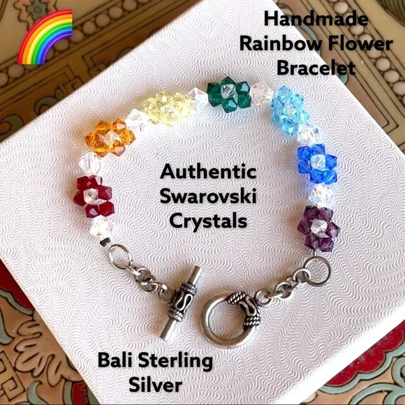 Handmade Swarovski Crystal flower rainbow pride bracelet - Picture 1 of 14